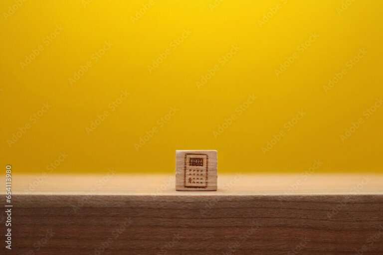 机の上に置いた小さな電卓マークのウッドキューブの黄色い背景の正面