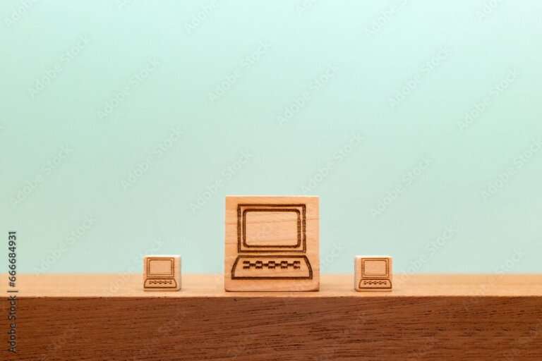 テーブルの上の小さいパソコンに挟まれた大きなパソコンマークのウッドキューブの正面