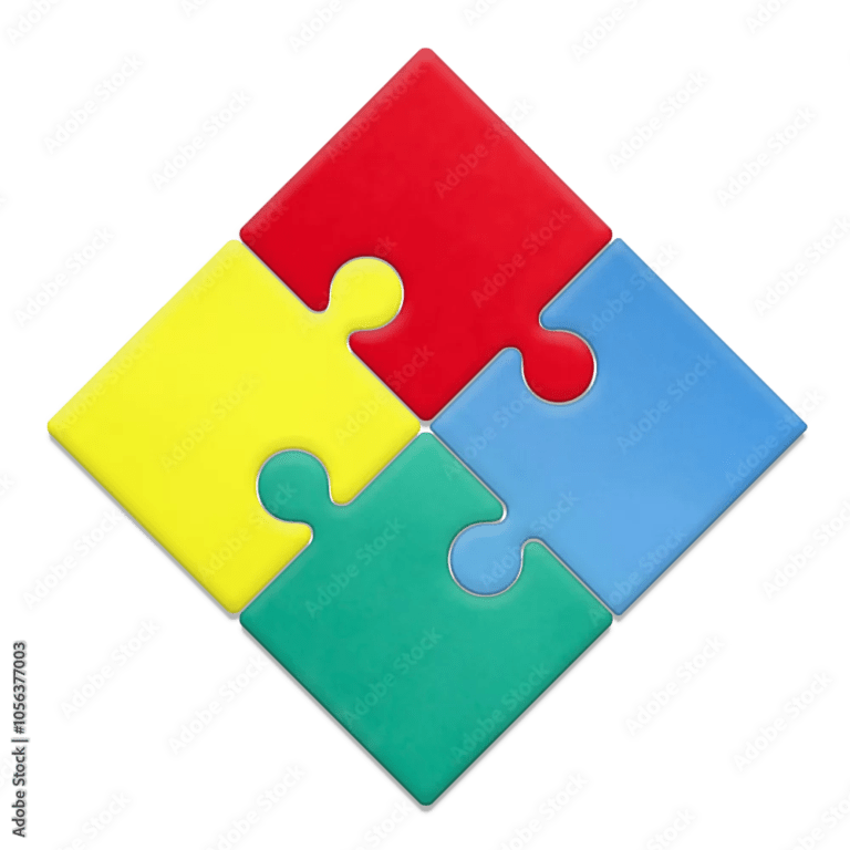 立体的な赤、黄、緑、青の4つのピースが合わさったパズルのシンボル