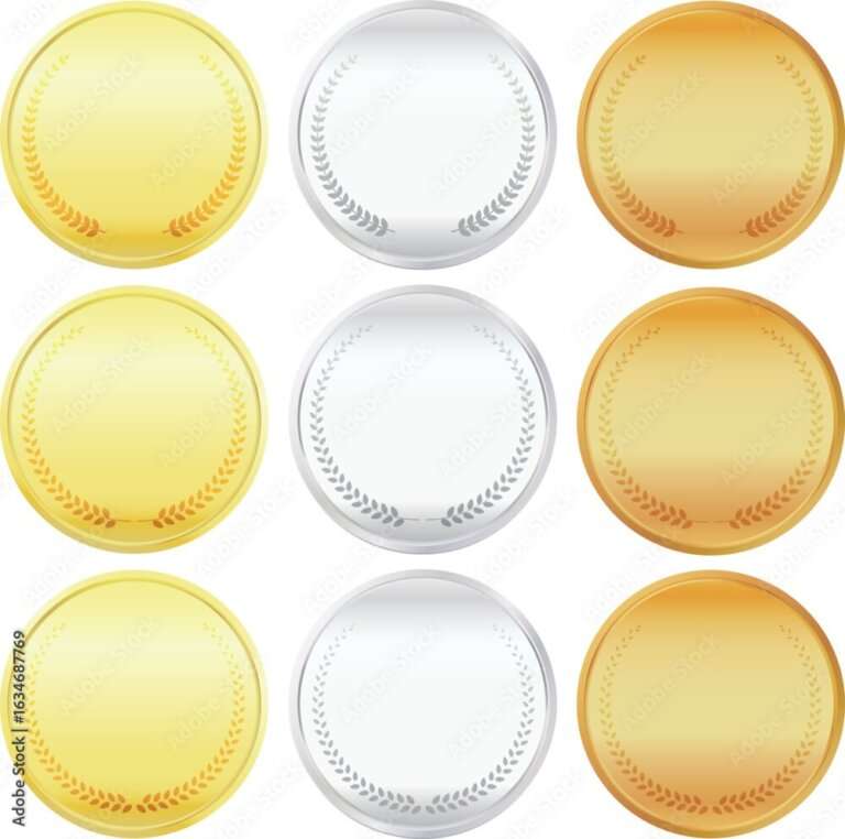 月桂樹の輪が飾られた金、銀、銅の丸い立体的なメダル