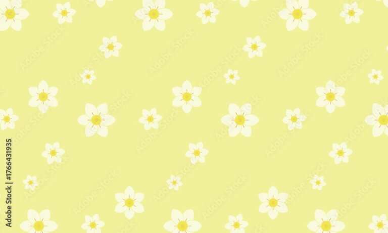 大きさの違う白い水仙の花模様が並ぶ黄色い壁紙