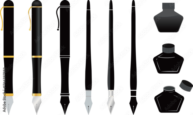 金と銀の装飾の色んな万年筆の素材と黒いインクの瓶セット